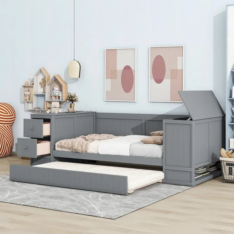 Twin Size Daybed with Trundle, Storage Arms, Charging Station, Wood Frame Sofa Bed, for Living Room Bedroom Guest Room