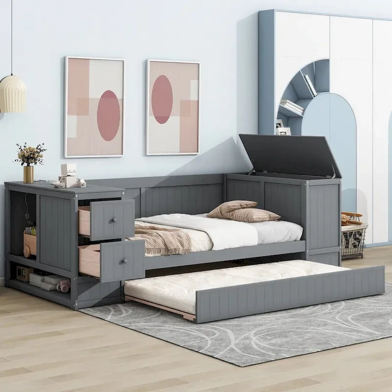 Twin Size Daybed with Trundle, Storage Arms, Charging Station, Wood Frame Sofa Bed, for Living Room Bedroom Guest Room