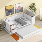 Twin Size Daybed with Trundle, Storage Arms, Charging Station, Wood Frame Sofa Bed, for Living Room Bedroom Guest Room