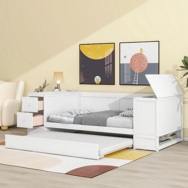 Twin Size Daybed with Trundle, Storage Arms, Charging Station, Wood Frame Sofa Bed, for Living Room Bedroom Guest Room