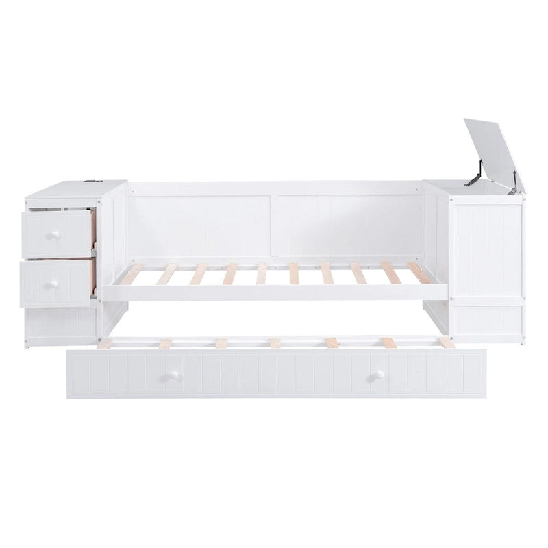 Twin Size Daybed with Trundle, Storage Arms, Charging Station, Wood Frame Sofa Bed, for Living Room Bedroom Guest Room