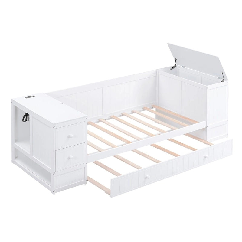 Twin Size Daybed with Trundle, Storage Arms, Charging Station, Wood Frame Sofa Bed, for Living Room Bedroom Guest Room