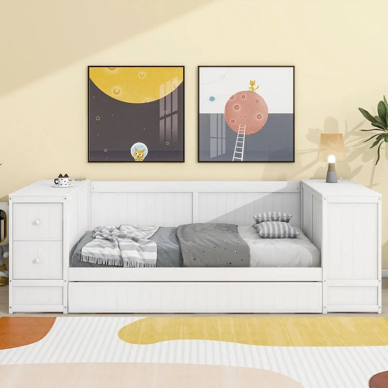 Twin Size Daybed with Trundle, Storage Arms, Charging Station, Wood Frame Sofa Bed, for Living Room Bedroom Guest Room
