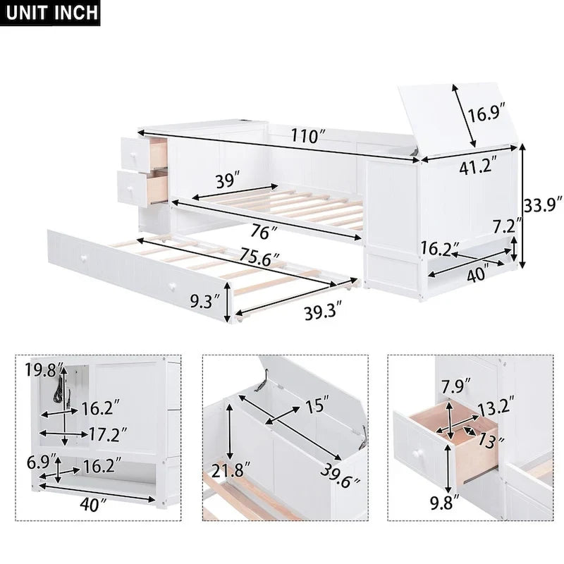 Twin Size Daybed with Trundle, Storage Arms, Charging Station, Wood Frame Sofa Bed, for Living Room Bedroom Guest Room
