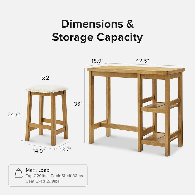 Mopio Kelly Solid Wood Counter Table Set with 2 Boucle stools, 3-piece Dining Set, Small Kitchen Island with Storage Shelves