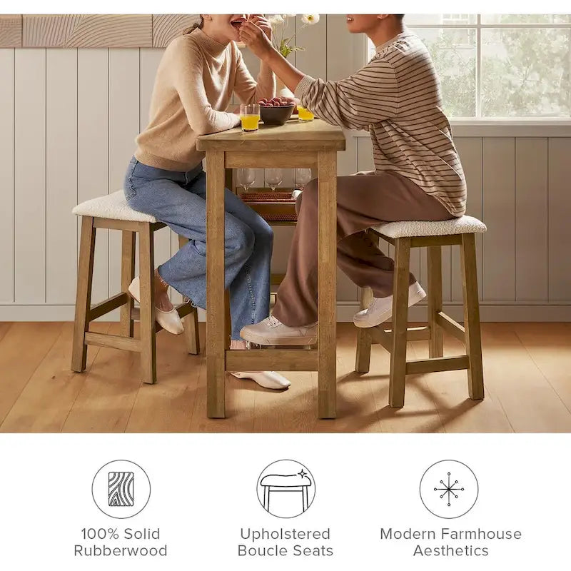 Mopio Kelly Solid Wood Counter Table Set with 2 Boucle stools, 3-piece Dining Set, Small Kitchen Island with Storage Shelves