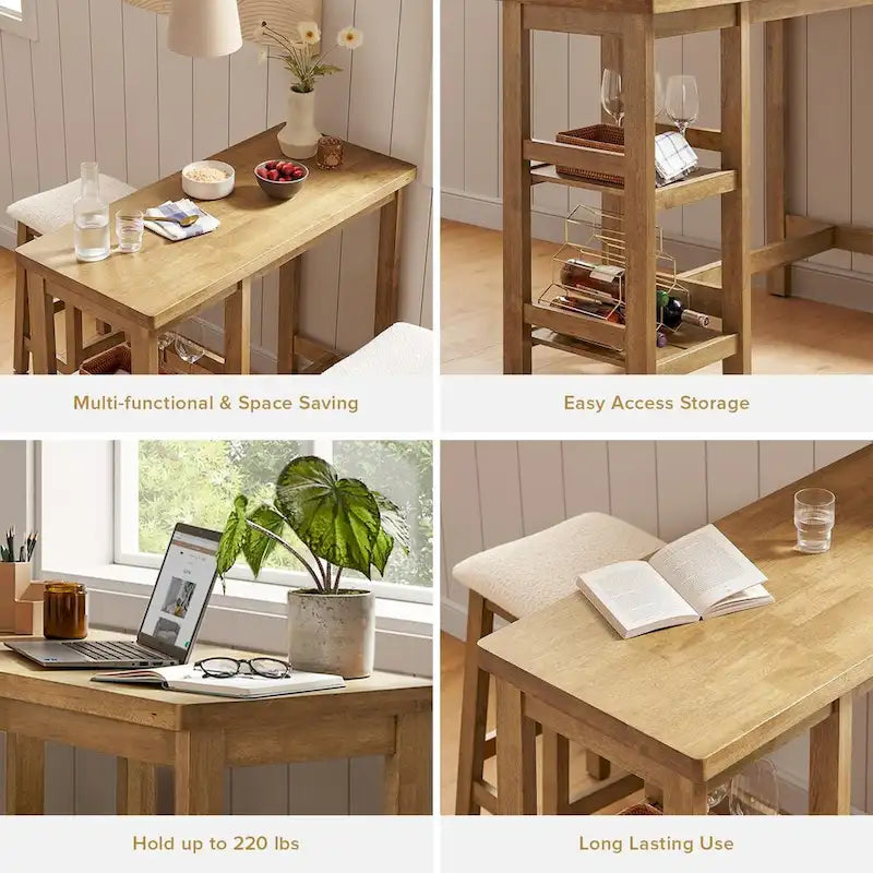 Mopio Kelly Solid Wood Counter Table Set with 2 Boucle stools, 3-piece Dining Set, Small Kitchen Island with Storage Shelves