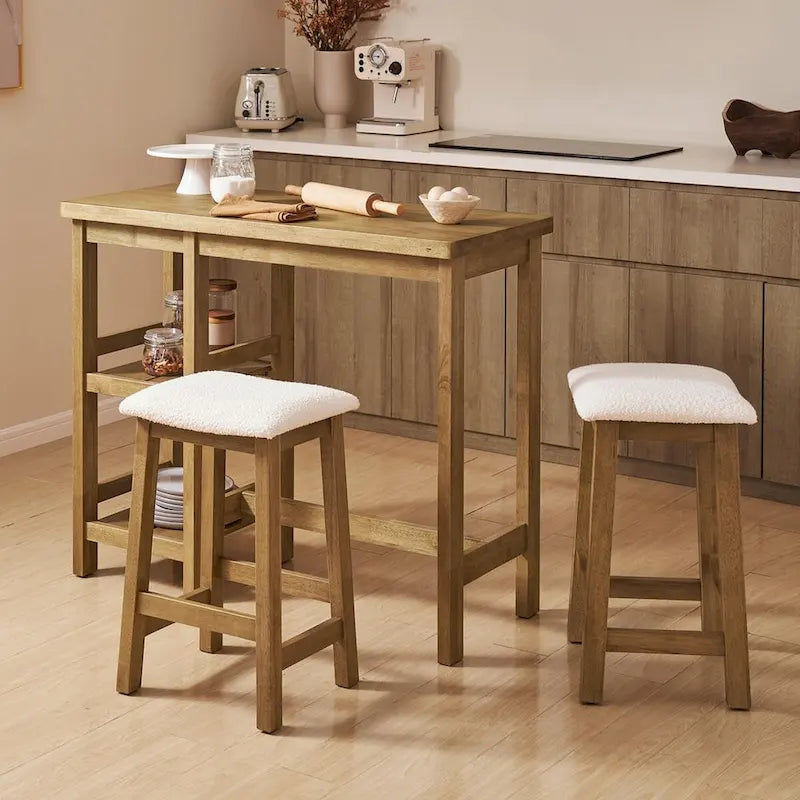 Mopio Kelly Solid Wood Counter Table Set with 2 Boucle stools, 3-piece Dining Set, Small Kitchen Island with Storage Shelves