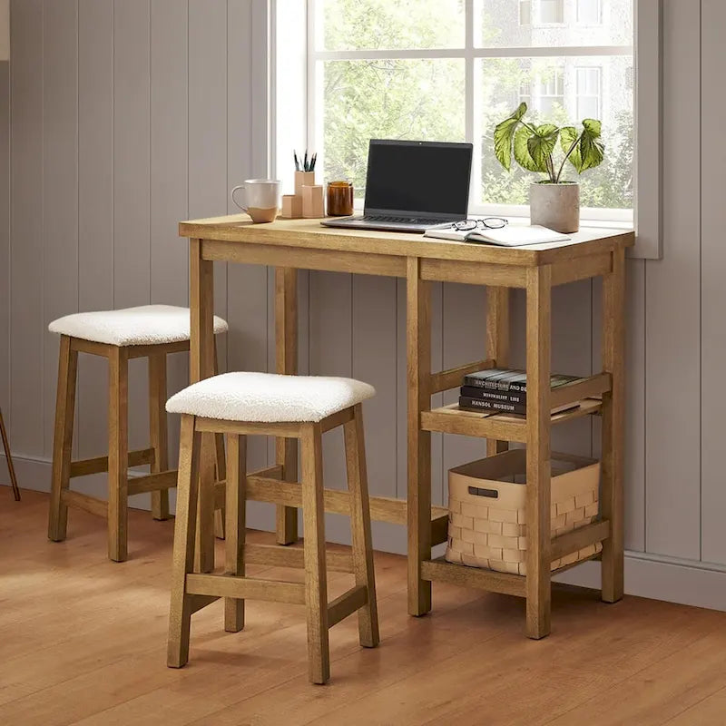 Mopio Kelly Solid Wood Counter Table Set with 2 Boucle stools, 3-piece Dining Set, Small Kitchen Island with Storage Shelves