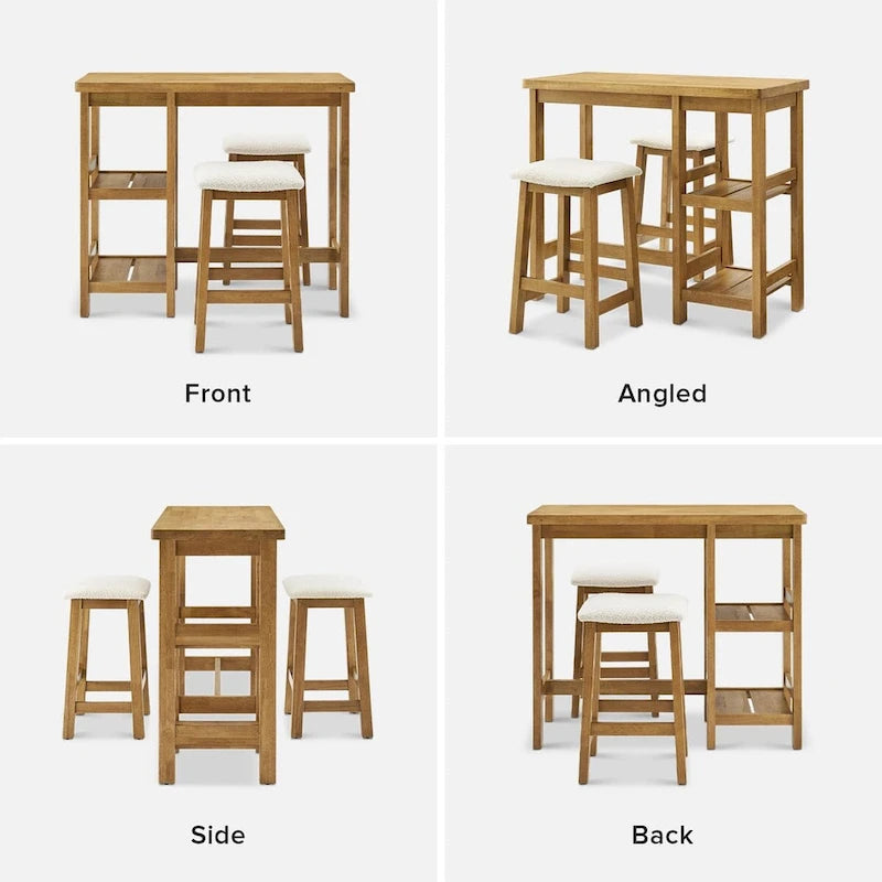 Mopio Kelly Solid Wood Counter Table Set with 2 Boucle stools, 3-piece Dining Set, Small Kitchen Island with Storage Shelves