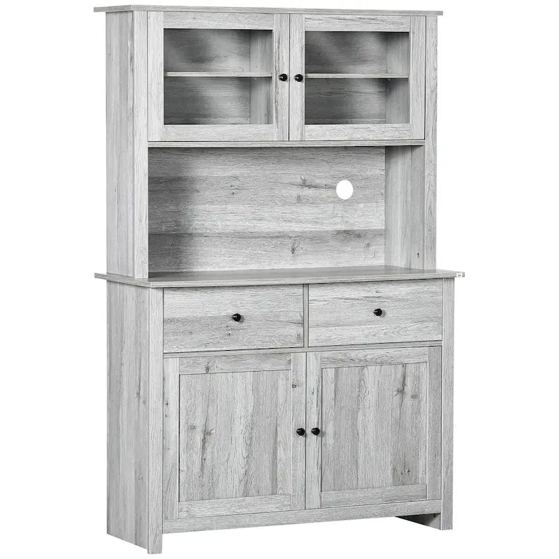 Kitchen Buffet with Hutch, Pantry Storage Cabinet with 4 Shelves, Drawers, Framed Glass Doors, Open Microwave Countertop