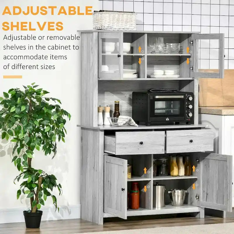 Kitchen Buffet with Hutch, Pantry Storage Cabinet with 4 Shelves, Drawers, Framed Glass Doors, Open Microwave Countertop