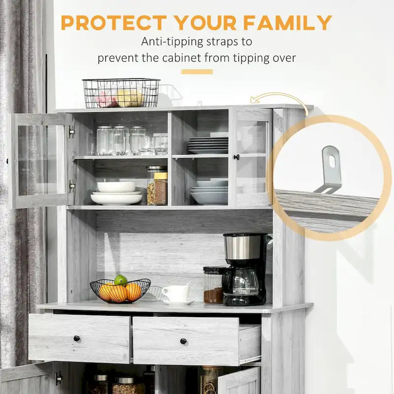 Kitchen Buffet with Hutch, Pantry Storage Cabinet with 4 Shelves, Drawers, Framed Glass Doors, Open Microwave Countertop