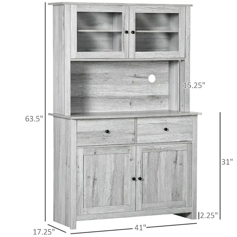 Kitchen Buffet with Hutch, Pantry Storage Cabinet with 4 Shelves, Drawers, Framed Glass Doors, Open Microwave Countertop