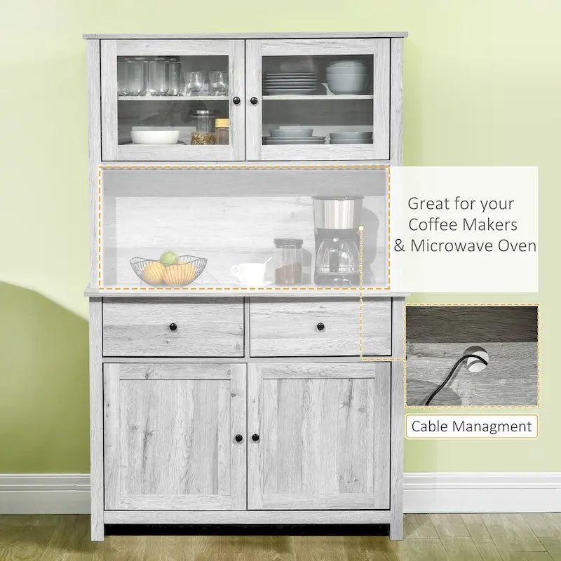 Kitchen Buffet with Hutch, Pantry Storage Cabinet with 4 Shelves, Drawers, Framed Glass Doors, Open Microwave Countertop
