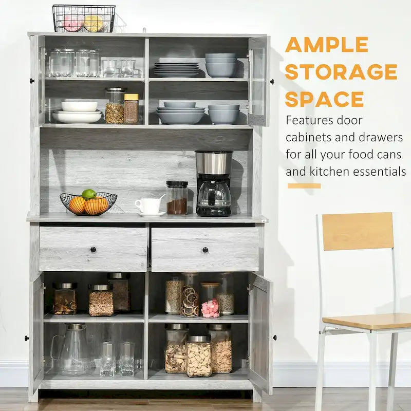 Kitchen Buffet with Hutch, Pantry Storage Cabinet with 4 Shelves, Drawers, Framed Glass Doors, Open Microwave Countertop