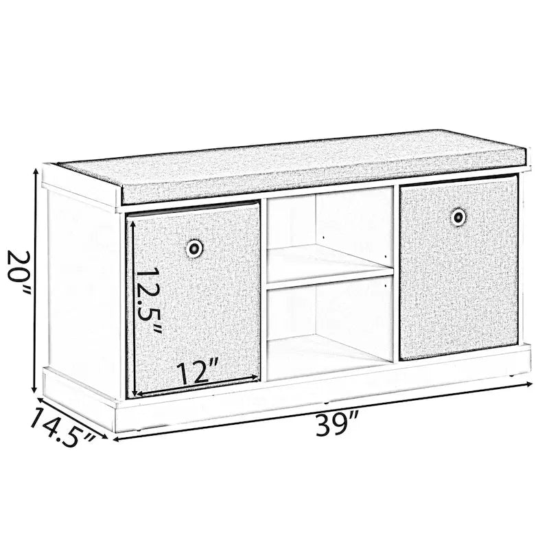 MDF Storage Box Shoe Bench with 2 Shelves, Foldable Baskets and a Gray Cushion, White