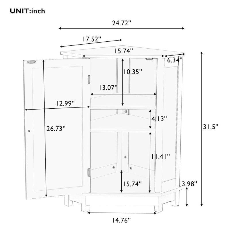 Modern Bathroom Cabinet Triangle Corner Storage Cabinet with Adjustable Shelf, MDF Board