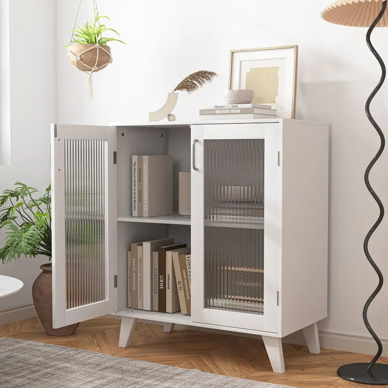 Modern Bathroom Cabinet Storage Organizer with 2 Glass Doors and Adjustable Shelf,White