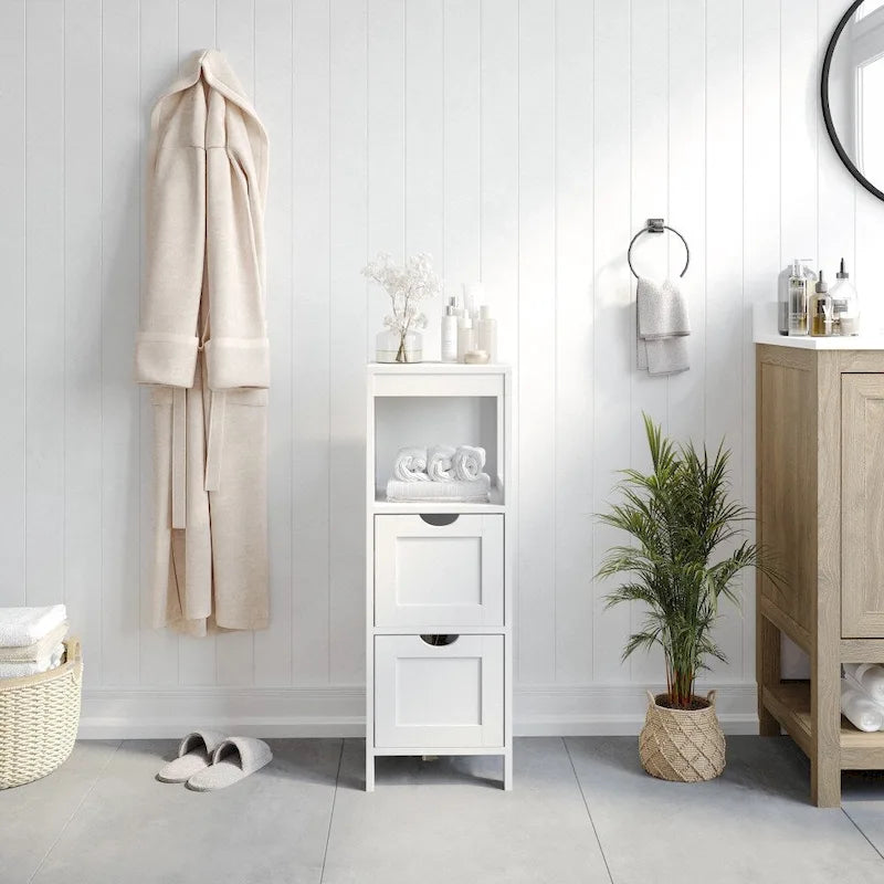 Farmhouse Bathroom Storage Organizer with Drawers and Open Shelf