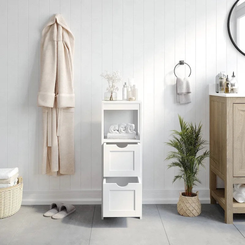 Farmhouse Bathroom Storage Organizer with Drawers and Open Shelf