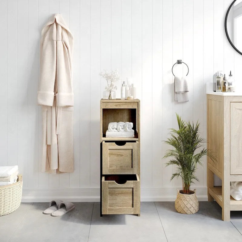 Farmhouse Bathroom Storage Organizer with Drawers and Open Shelf