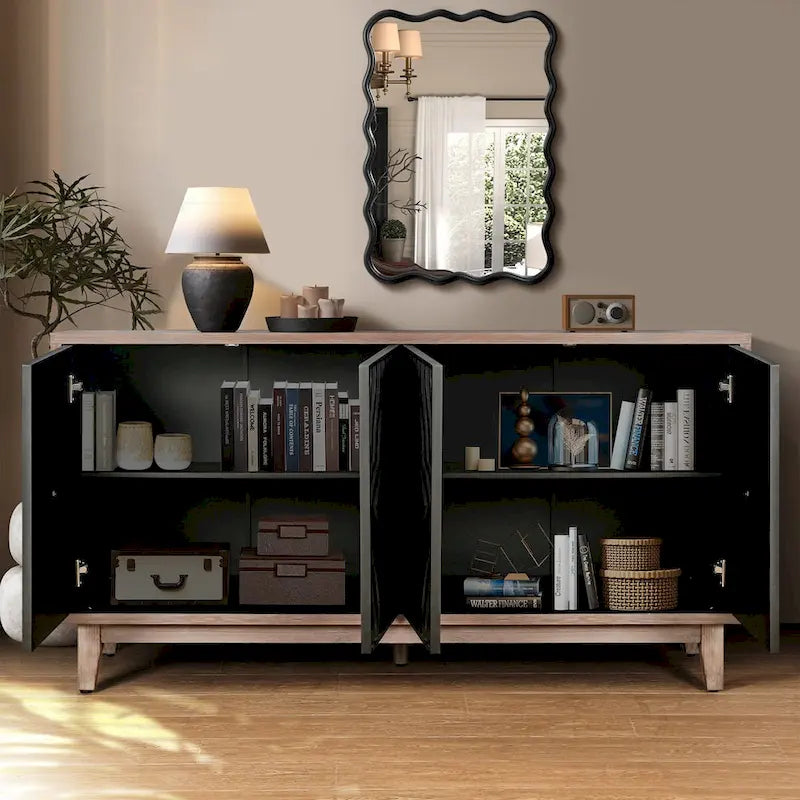 Sideboard Buffet Cabinet Kitchen Storage Cabinet Credenza with 4 Convex Pattern Diamond Doors and 2 Shelves Accent Console Table