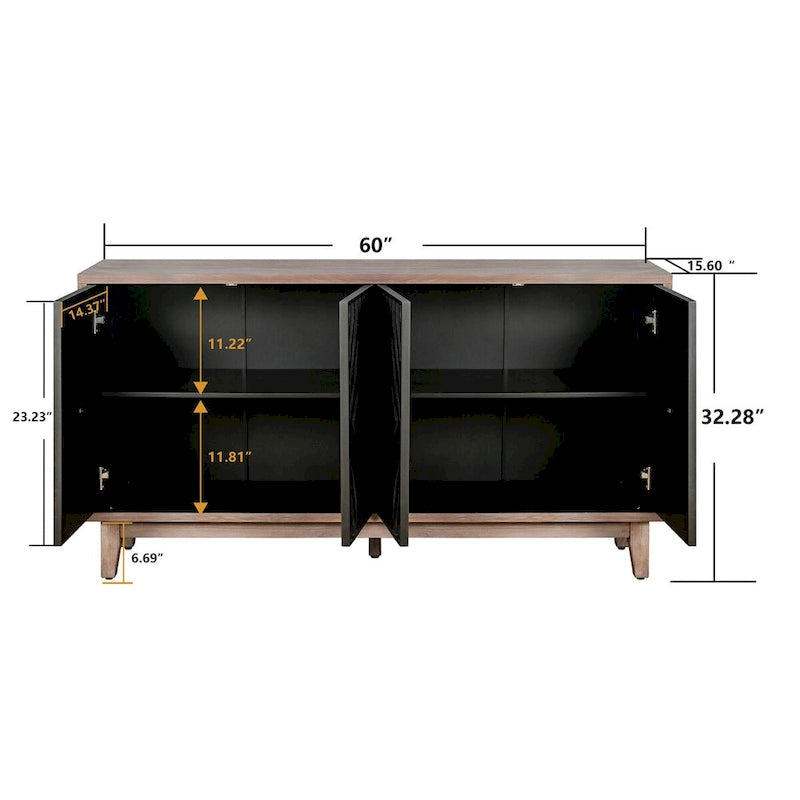Sideboard Buffet Cabinet Kitchen Storage Cabinet Credenza with 4 Convex Pattern Diamond Doors and 2 Shelves Accent Console Table
