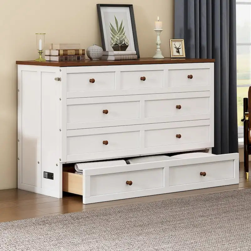 Solid Pine Murphy Bed Chest with Charging Station and Large Storage Drawer