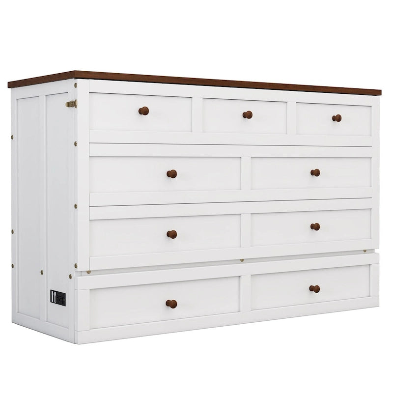 Solid Pine Murphy Bed Chest with Charging Station and Large Storage Drawer