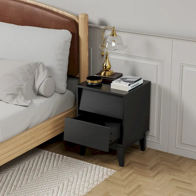 Vintage Nightstand with Bavel Design and 2 Drawers, Set of 2