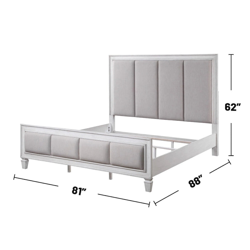 Linen Upholstered Bed in Light Gray and Weathered White