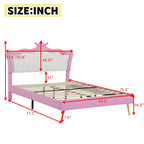 Full Size Upholstered Bed Frame with LED Lights, Modern Upholstered Princess Bed with Crown Headboard, Pink+White