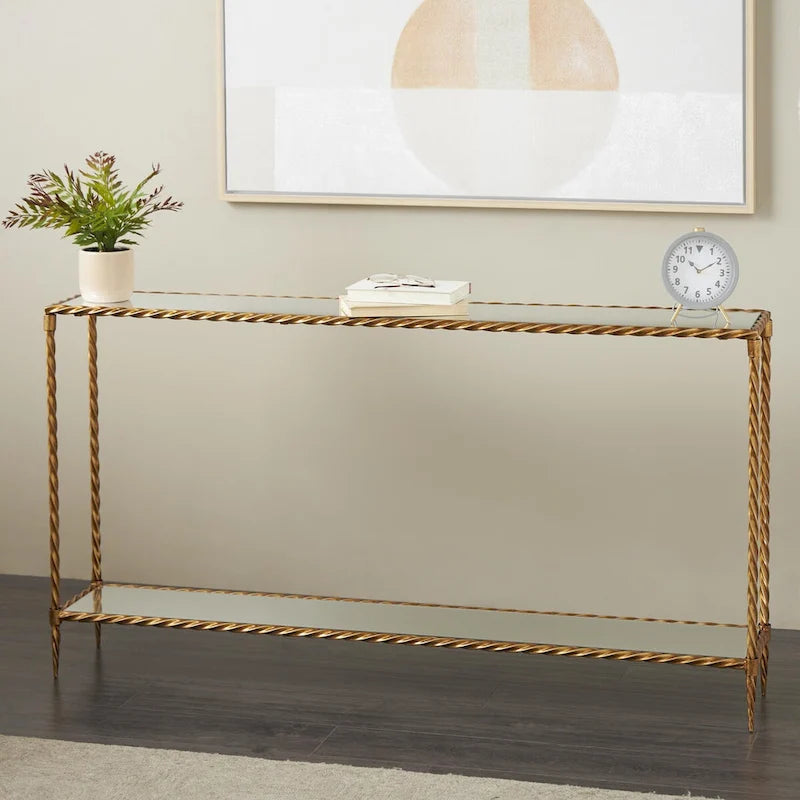 Metal Twisted Rope Inspired 1 Shelf Console Table with Mirrored Glass Top and Shelf - Gold - Roche River Decor