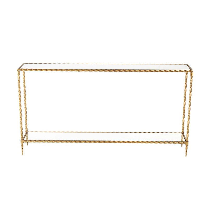 Metal Twisted Rope Inspired 1 Shelf Console Table with Mirrored Glass Top and Shelf - Gold - Roche River Decor