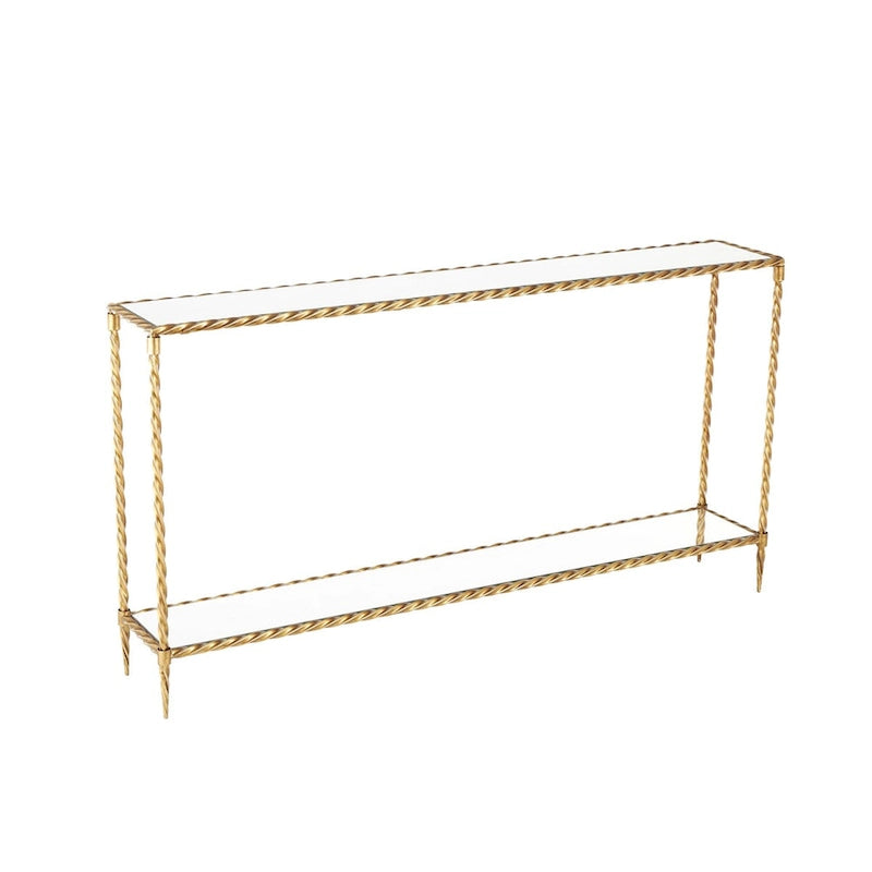 Metal Twisted Rope Inspired 1 Shelf Console Table with Mirrored Glass Top and Shelf - Gold - Roche River Decor