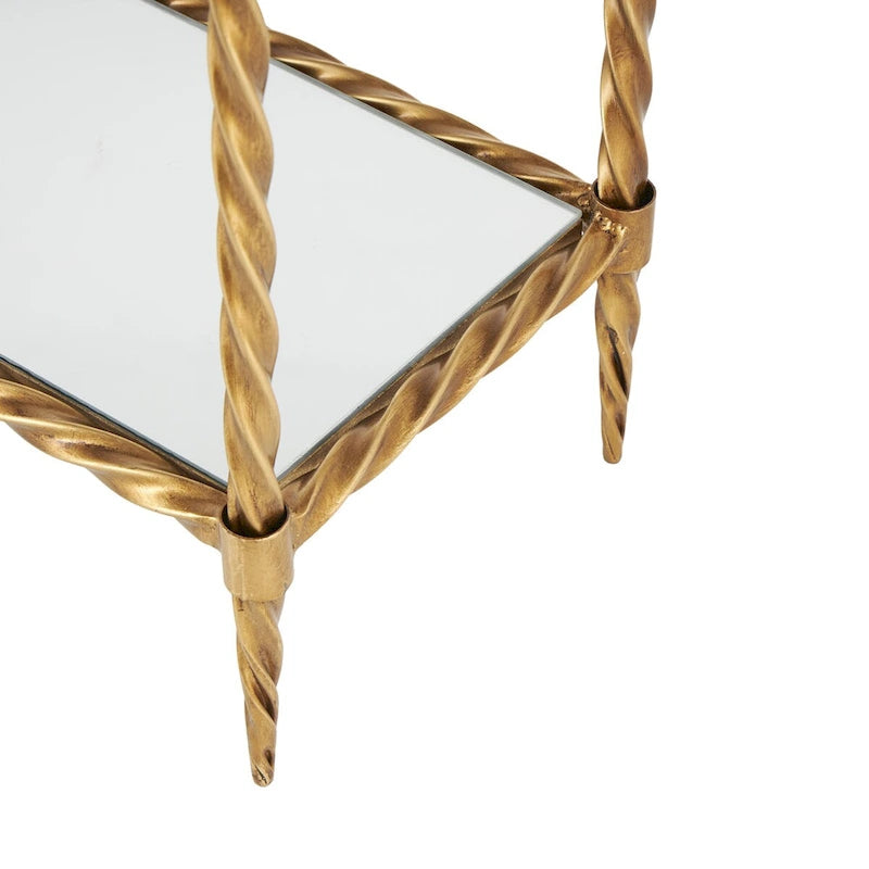 Metal Twisted Rope Inspired 1 Shelf Console Table with Mirrored Glass Top and Shelf - Gold - Roche River Decor