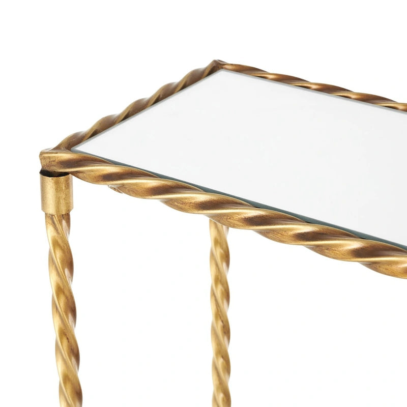 Metal Twisted Rope Inspired 1 Shelf Console Table with Mirrored Glass Top and Shelf - Gold - Roche River Decor