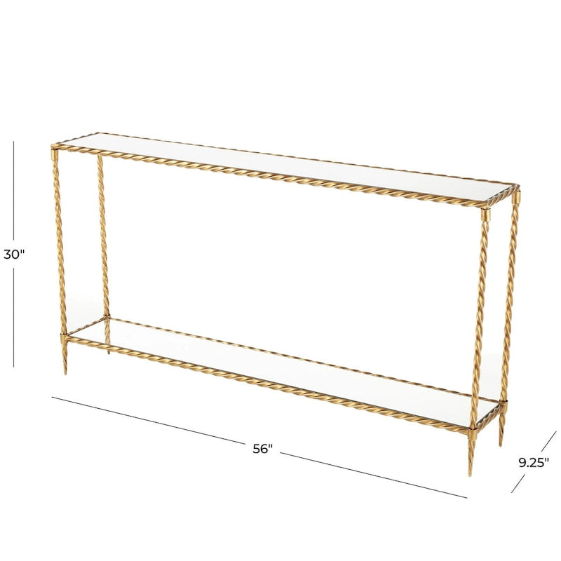 Metal Twisted Rope Inspired 1 Shelf Console Table with Mirrored Glass Top and Shelf - Gold - Roche River Decor