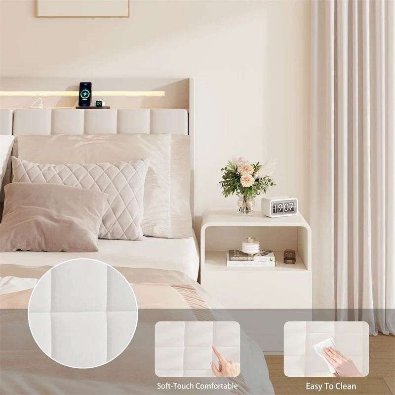 Queen Size LED Upholstered Platform Bed w/ Headboard& Charging Station
