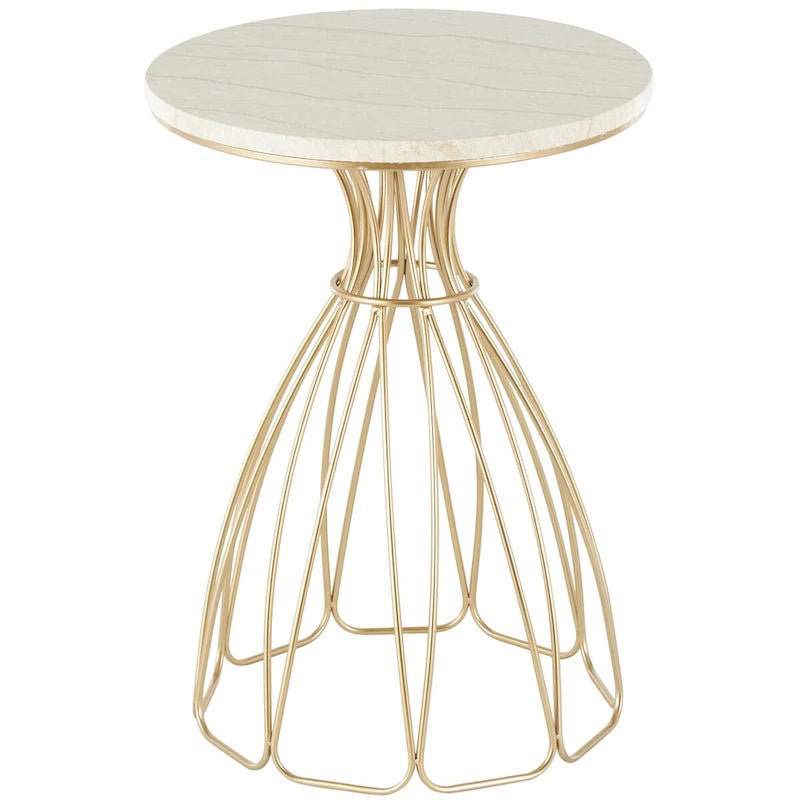 Metal Flower Inspired Side End Accent Table with Cream Marble Tabletop - Gold - Roche River Decor