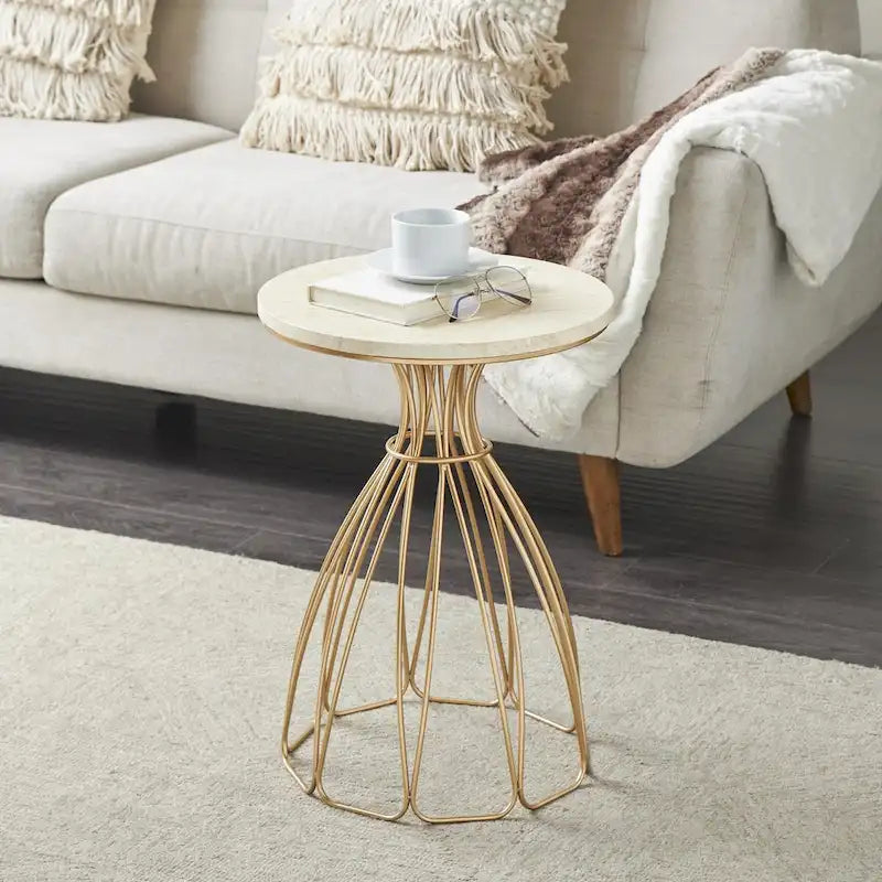 Metal Flower Inspired Side End Accent Table with Cream Marble Tabletop - Gold - Roche River Decor