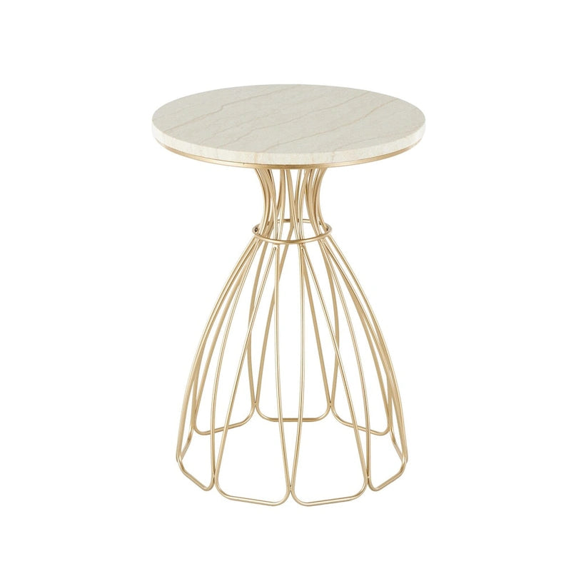 Metal Flower Inspired Side End Accent Table with Cream Marble Tabletop - Gold - Roche River Decor