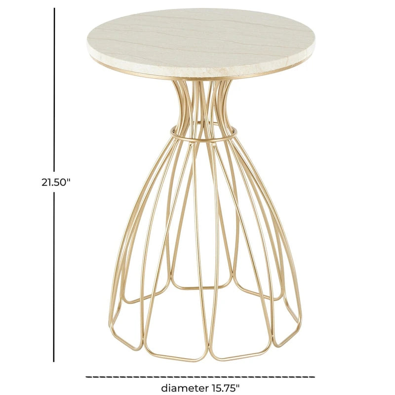 Metal Flower Inspired Side End Accent Table with Cream Marble Tabletop - Gold - Roche River Decor