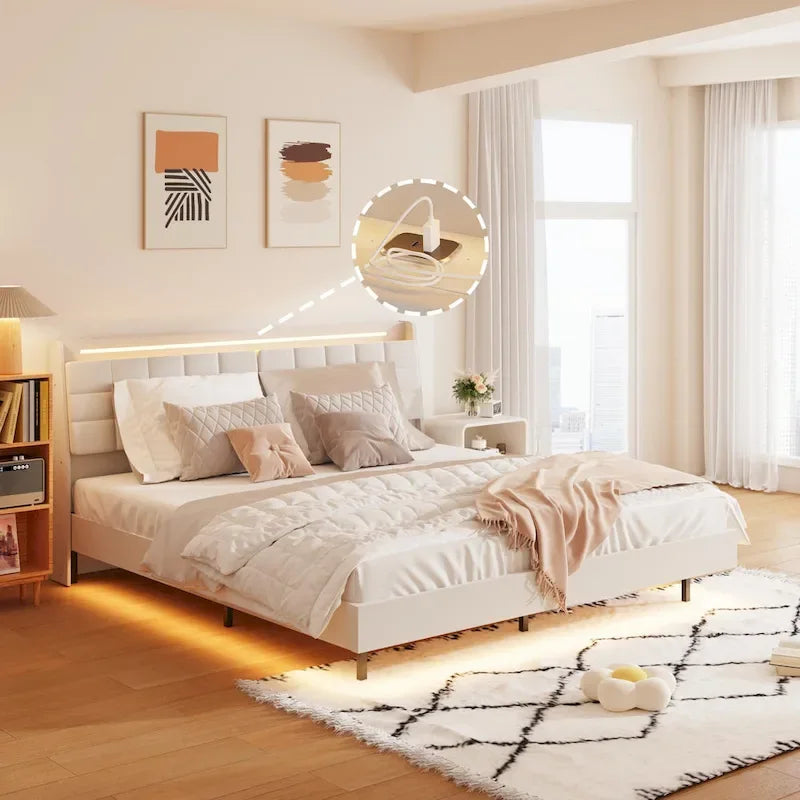 KingSizeFloatingBedwithHeadboardStorageandRGBLEDLights,Beige