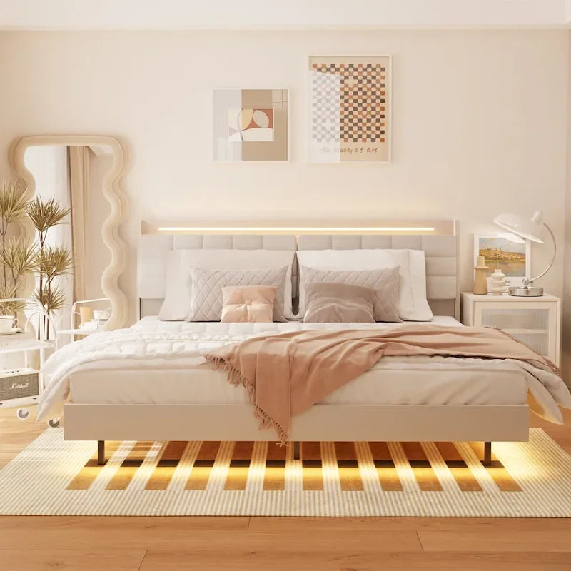 KingSizeFloatingBedwithHeadboardStorageandRGBLEDLights,Beige