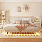 KingSizeFloatingBedwithHeadboardStorageandRGBLEDLights,Beige