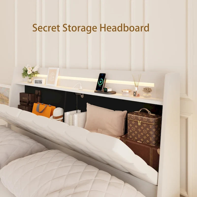 KingSizeFloatingBedwithHeadboardStorageandRGBLEDLights,Beige