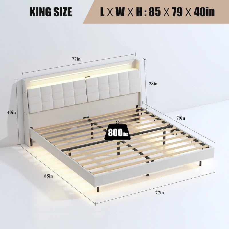 KingSizeFloatingBedwithHeadboardStorageandRGBLEDLights,Beige