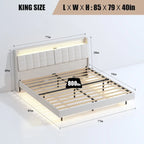 KingSizeFloatingBedwithHeadboardStorageandRGBLEDLights,Beige